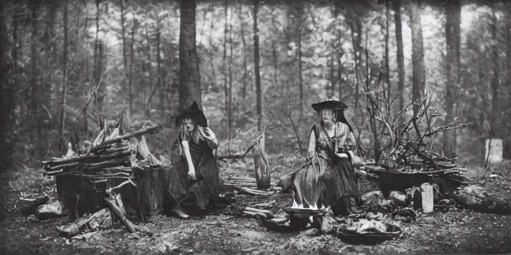 Prompt: Old witch next to campfire preparing ritual in an ominous forest, 1900s photography