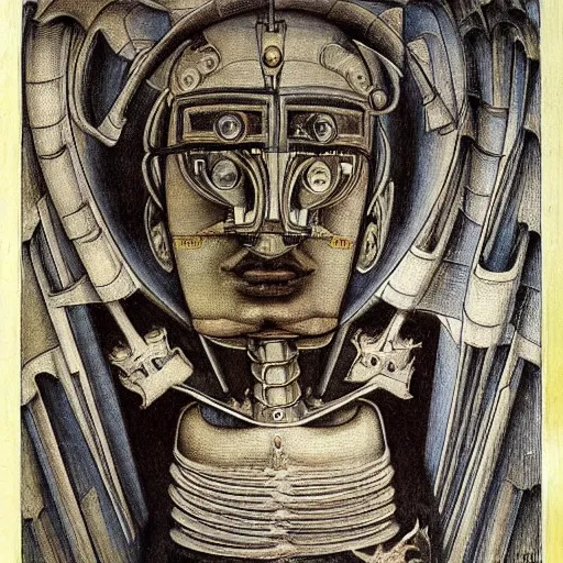 Prompt: the robot wearing the bone crown, by Annie Swynnerton and Diego Rivera, symbolist, dramatic lighting, elaborate geometric ornament, Art Brut ,god rays, soft cool colors,smooth, sharp focus, extremely detailed, Evelyn De Morgan and Adolf Wölfli