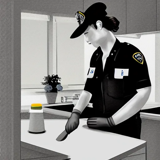 Prompt: A police officer wearing rubber gloves to wash dishes in kitchen, highly detailed, ambient lighting, trending on art station