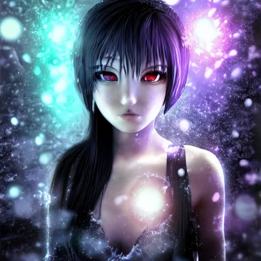 Image similar to photorealistic full body shot of masterpiece angry ( ( darkness android ) ) anime girl, beautifull lovely eyes, electric aura with particles, snowing frozen ice, darkness background, inspired by tim burton, detailed, unreal engine 4 k, volumetric light, fog