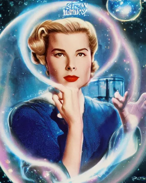 Image similar to drew struzan style movie color poster of grace kelly dressed as sue storm, the invisible woman from the fantastic four, with her hands held up, she is generating an iridescent bubble of particles around her body in the form of a shimmering bubble force field, soft focus, bokeh, 5 0 mm