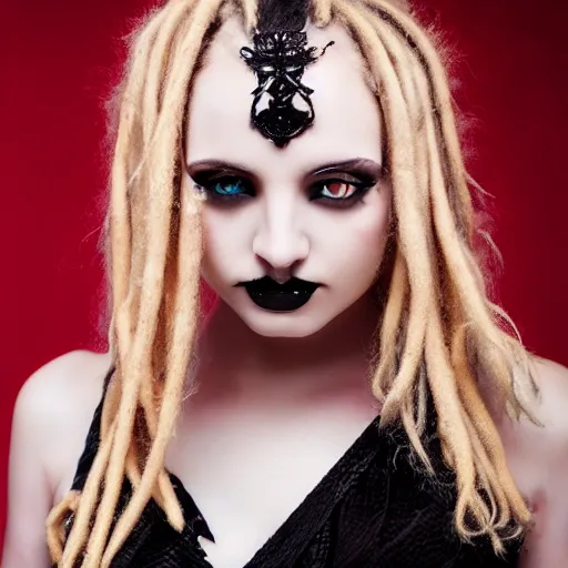 Image similar to modeling headshot photography flawless young beautiful gothic female with blonde and red dreadlocks in a black ballgown, dark, piercing clear eyes, symmetrical golden ration exotic stoic expression, photorealistic, highly detailed, mysterious lighting, smooth, sharp focus, 8 0 mm camera