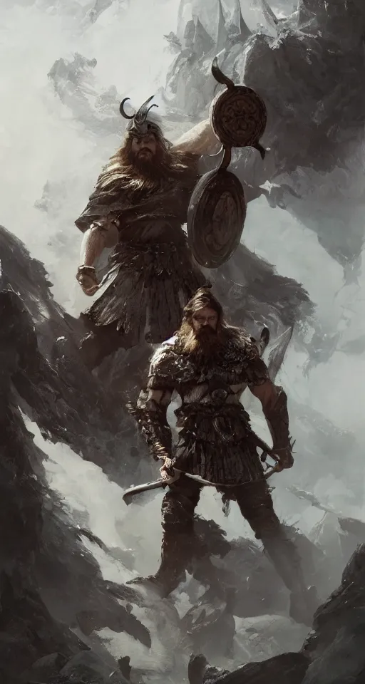Prompt: the brave hero viking stands triumphantly as he enters the majestic gates of valhalla, highly detailed, digital painting, trending on artstation, smooth, sharp focus, bright, masterpiece, stunning concept art by ruan jia, jakub rebelka, greg rutkowski, ayami kojima