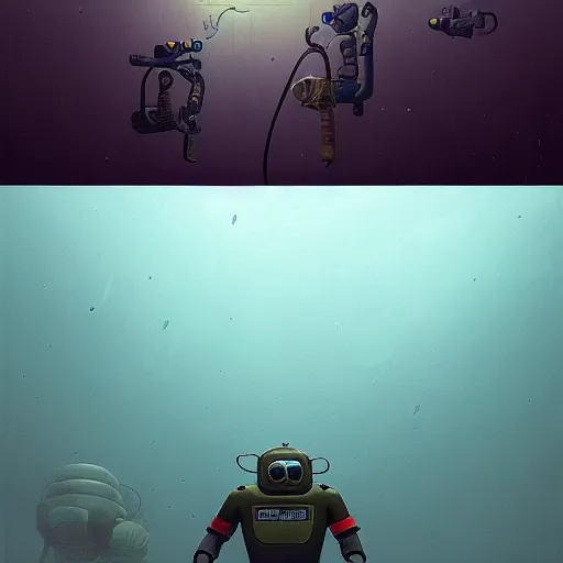 Image similar to Armored diving suit underwater, by Simon Stalenhag