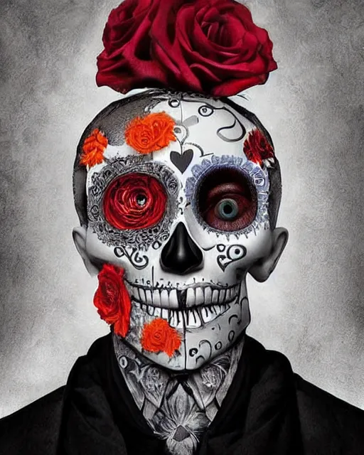 Image similar to dia de los muertos hombre theme surrealist art in the styles of igor morski, jim warren, and a tim burton film, intricate, hyperrealistic, accurate facial details, profile picture with chromakey!!!!! background, volumetric lighting