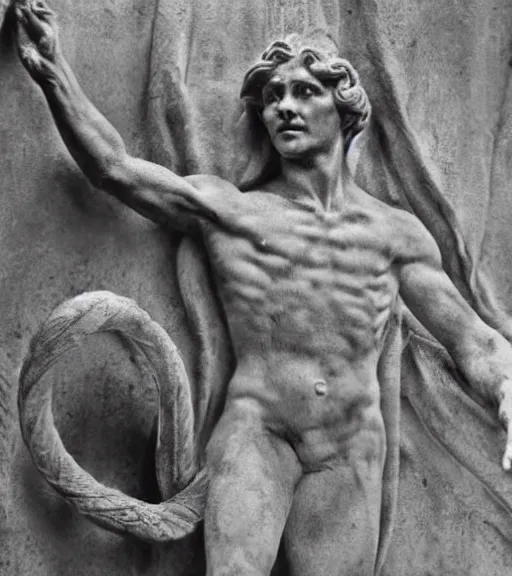 Prompt: a man frozen to statue by medusa, ww1 film photo, grainy, high detail, high resolution