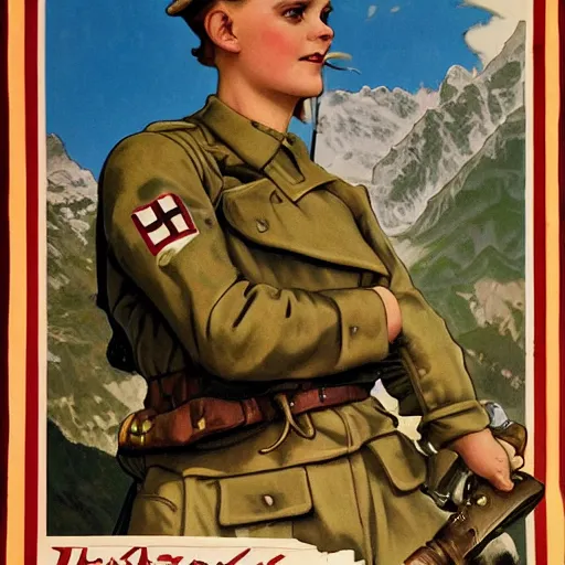 Image similar to highly detailed german ww 2 propaganda!!! nazi poster of german alps, photorealistic, diffuse lighting, hdrp, artstation, unreal 5, smooth, textless, sharp focus, art by john collier, albert aublet, krenz cushart, artem demura, alphonse mucha