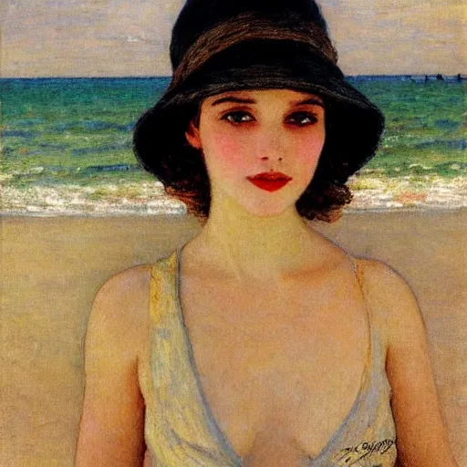 Image similar to painting of a young woman with a hat on at a beach by Guy Rose and Geroges Clarin, high quality, highly detailed, Romanticism, 1900s, oil painting, coherent