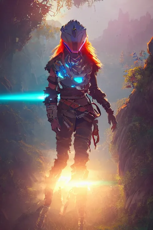 Image similar to combination suit armor aloy horizon forbidden west horizon zero dawn radiating a glowing aura global illumination ray tracing hdr fanart arstation by ian pesty and alena aenami artworks in 4 k tribal robot ninja mask helmet backpack