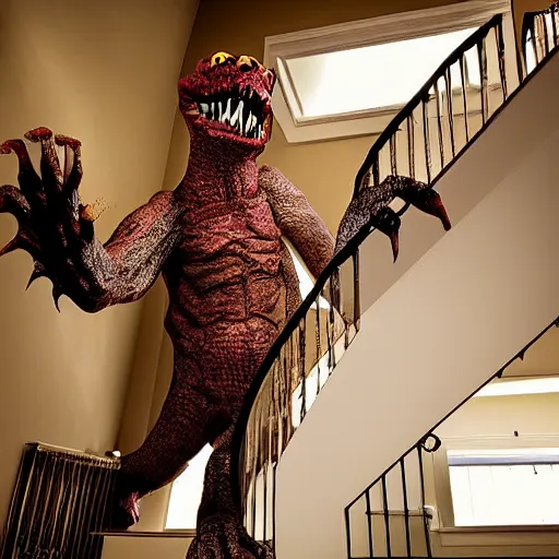 Prompt: scary monster with elongated arms descending a staircase in a home, natural lighting, realistic