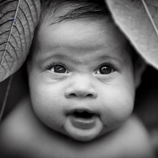 Image similar to award winning hyper realistic photograph of a baby sasquatch portrait hiding in the leaves peering out timidly with with large cute eyes