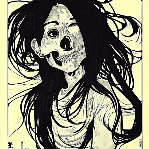 Image similar to anime manga skull portrait girl female profile skeleton astronaut illustration 80s art frank miller dirko and alphonse mucha pop art nouveau