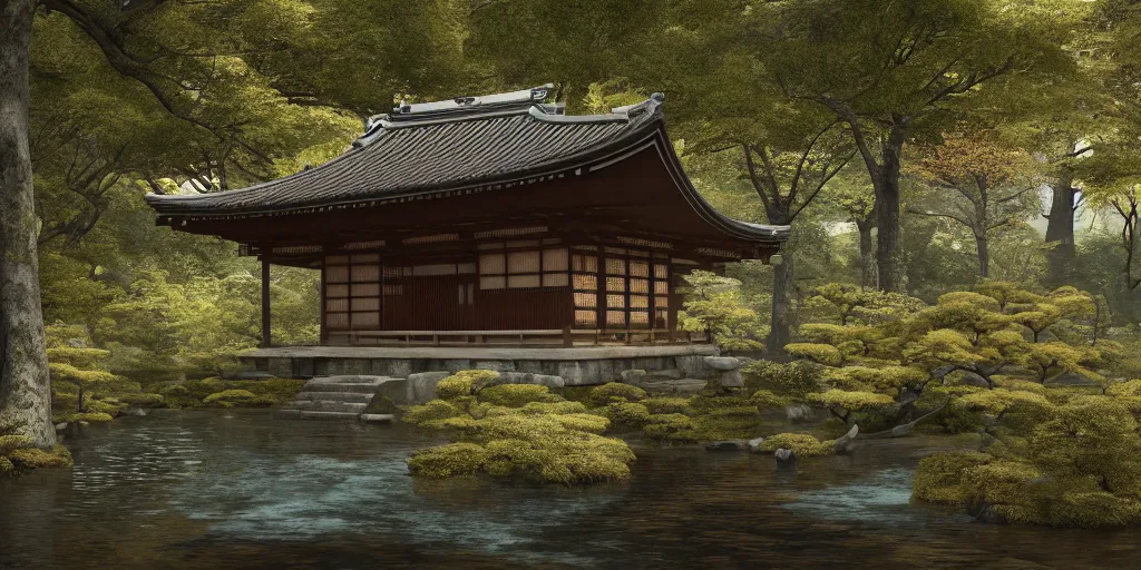 Image similar to a ancient japanese temple in the middle of a forest mear a small river, extremely highly detailed, high quality, 8K HDR, octane render, unreal engine 5, hyperrealistic, concept art, trending on Artstation, dramatic lighting, cinematic, high coherence, path tracing, ruins, clouds in the sky, singular building, centered