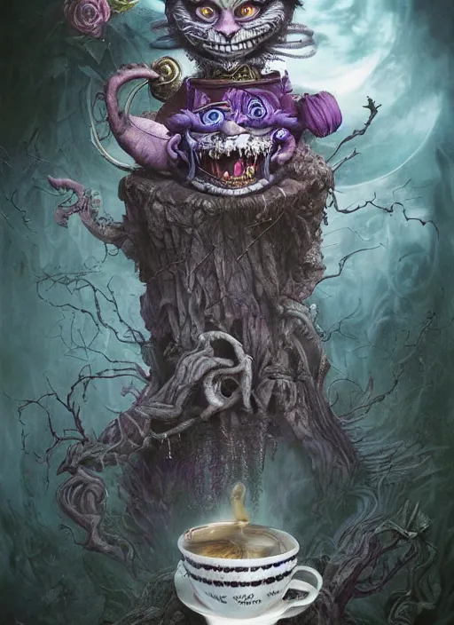 Prompt: Cheshire Cat drinking tea with Mad hatter, death tarot card,highly detailed,half skull face,cinematic,8k,by Stanley Artgermm,Tom Bagshaw,Greg Rutkowski,Carne Griffiths, Ayami Kojima, Beksinski, Giger,trending on DeviantArt,hyper detailed,horror, full of colour