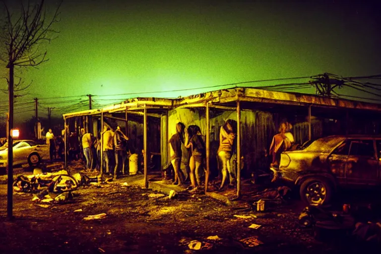 Prompt: post apocalyptic us dinner being used as a shelter, dystopian, people huddled, night, spot lights, rust