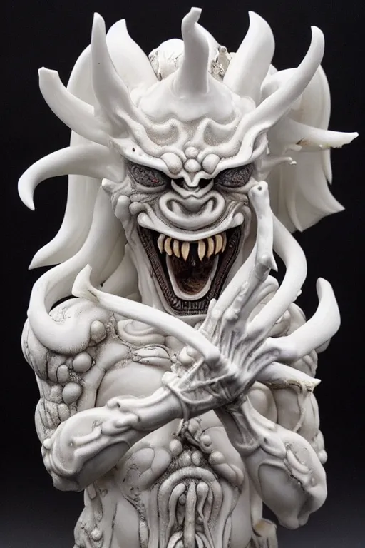 Prompt: porcelain and quartz oni statue made by Kris Kuksi and HR Giger