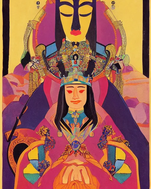 Image similar to a polish poster art representing a portrait of a queen on a carved stone throne by nicholas roerich, by gustave moreau, by james hawe, by yoshitaka amano, by georgia o keeffe, oil painting