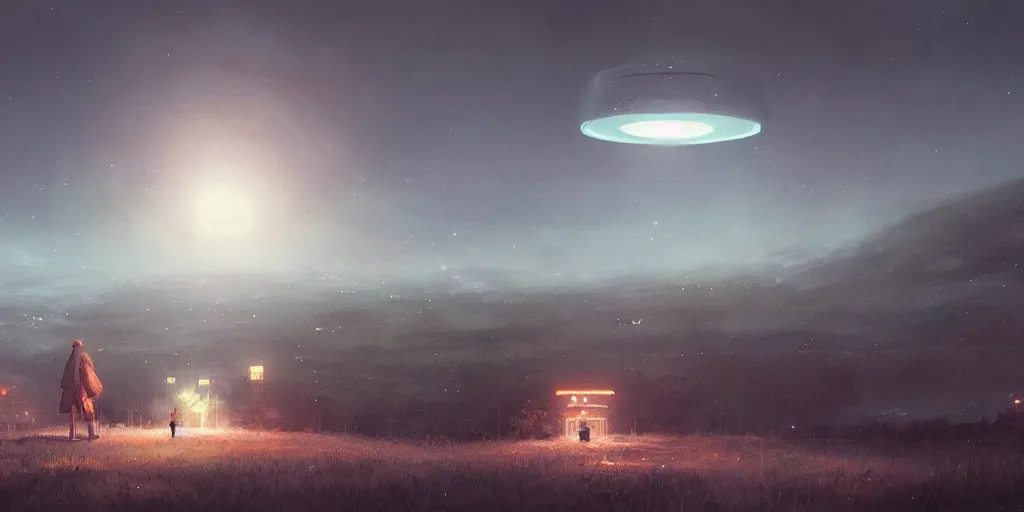 Image similar to A glowing ufo hovers above a sleeping town at night, creepy and dramatic atmosphere, digital art by Greg Rutkowski and Studio Ghibli