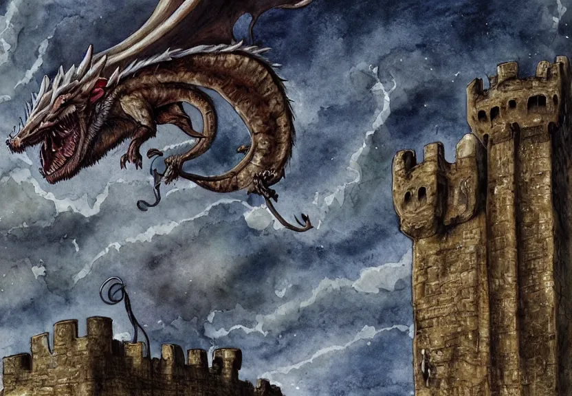 Image similar to possum dragon at a medieval castle under a dark starred sky, dark fantasy, watercolor, dreaming illusion, highly detailed, 4k, trending on Artstation, award-winning