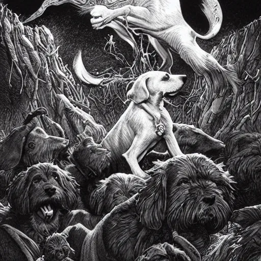 Prompt: the dogs of doom are howling, Michael Whelan, comic art, pen and ink, black and white