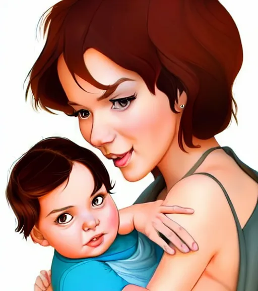 Image similar to a mother with short shoulder length dark auburn hair, short and curvy and a slightly chubby face holding her infant son with short brown hair full color digital illustration in the style of don bluth, artgerm, artstation trending, 4 k