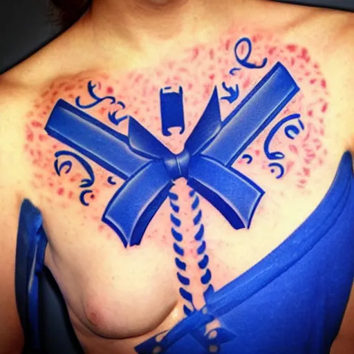 Image similar to tattoo design, stencil, traditional, big blue diabetes ribbon, upper body, by artgerm, artgerm, digital art, blue diabetes ribbon