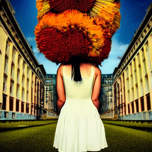 Image similar to giant flower head, woman walking, surreal photography, cinematic, symmetry, flat space, fanciful, bright, detailed, wes anderson