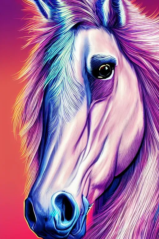 Image similar to digital horse, retrowave palette, highly detailed, anatomically correct equine, synth feel, smooth face, ear floof, flowing mane, no reins, super realism, accurate animal imagery, 4 k digital art