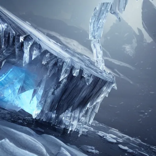 Image similar to obsidian scraps trailing behind a huge chunk of ice which is flying through the air, behance hd artstation, 4 k cinematic