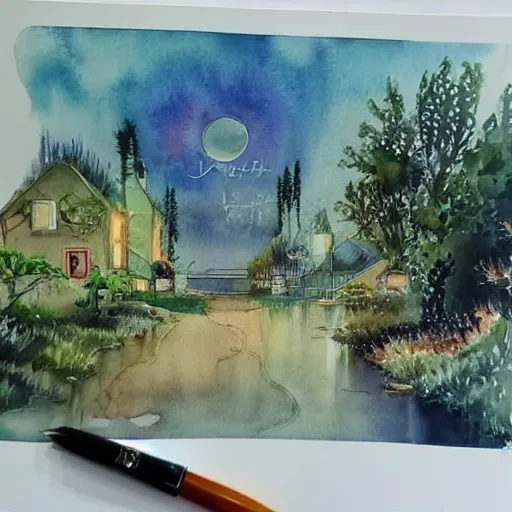 Image similar to Beautiful happy picturesque charming sci-fi town in harmony with nature. Beautiful light. Water and plants. Nice colour scheme, soft warm colour. Beautiful detailed watercolor by Lurid. (2022)