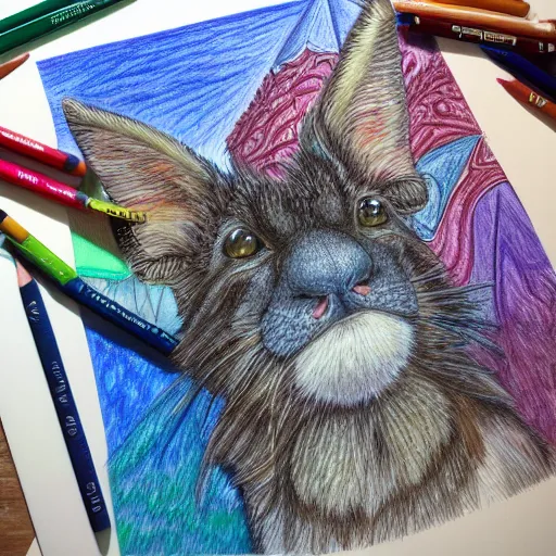 Image similar to Colored pencil art on paper, highly detailed, artstation, People, Animals, Magical Creatures, buildings, scenery, items, enchanted landscapes, PrismaColor