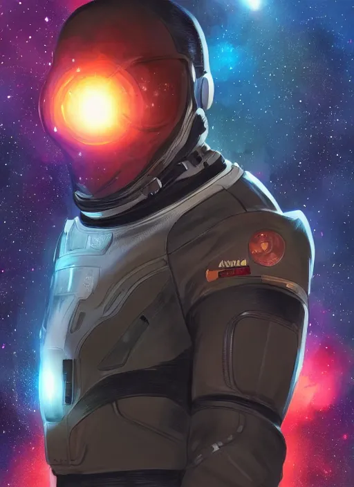 Image similar to handsome black man in an advanced spacesuit in front of exploding nebulae halos, digital illustration trending on artstation by artgerm and rutkowski