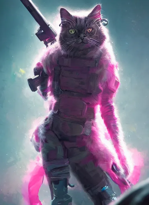 Image similar to a full body portrait of a futuristic cyberpunk british longhair cat soldier in war scene, epic lighting, pink vibe, ultra detail, hd, by greg rutkowski