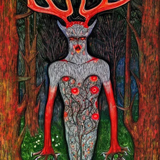 Prompt: A tall, dark forest god, with antlers, red eyes, forest, 3am, mist, moon, dark forest, red eyes in the style of Klimt