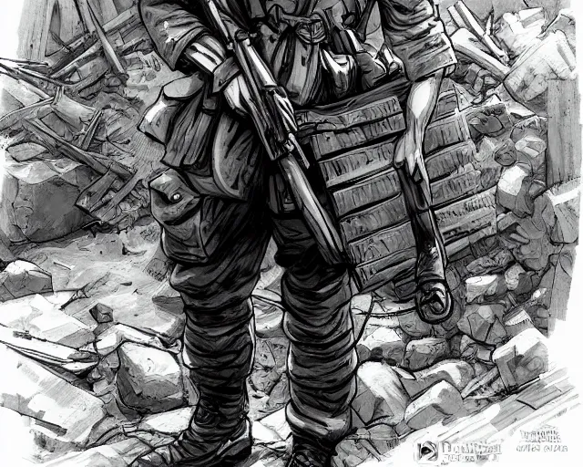 Prompt: A despaired soldier in a world war 1 trench, black and white, amazing digital art, hyper detailed, artstation, in the style of Tony Sart