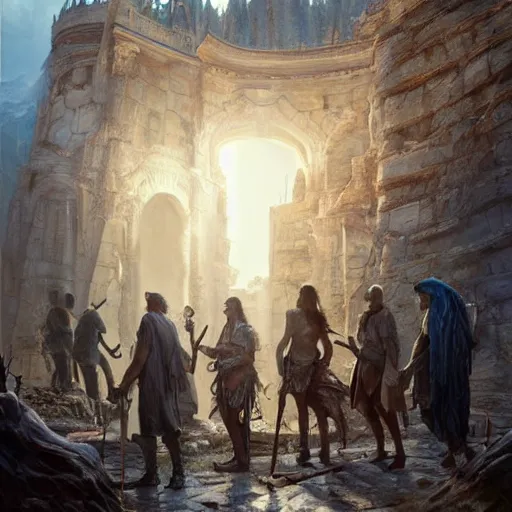 Prompt: epic masterpiece of cinematographic hyperrealism where a group of archeologists appears in front of the dread tower. realistic shaded lighting poster by craig mallismo, artgerm, jeremy lipkin and michael garmash, unreal engine, radiant light, detailed and intricate environment, digital art, art station trends