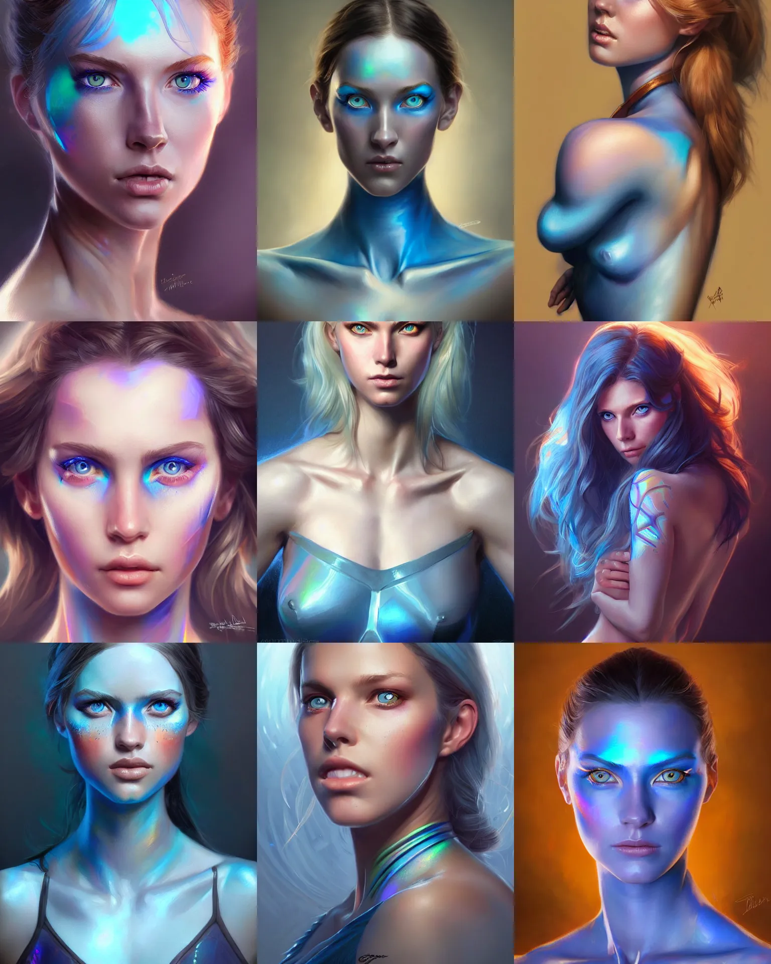Prompt: upper body painting of a girl with beautiful iridescent blue eyes, portrait, highly detailed, digital painting, artstation, concept art, sharp focus, dreamy quality illustration, art by artgerm and greg rutkowski, wlop and magali villeneuve