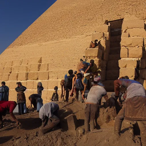 Prompt: a wide angle photograph of people building an egyptian pyramid in 3 0 0 0 bc. traditional tools being used. ancient building techniques on display. beautiful morning lighting. the photo shows the pyramid partially complete. large stones are also present, being moved into position by many workers. workers are wearing traditional clothes for the time