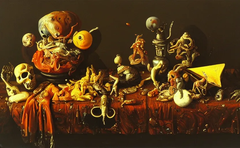 Prompt: disturbing colorful oil painting dutch golden age vanitas still life with bizarre objects strange gooey surfaces shiny metal bizarre insects rubber rachel ruysch dali todd schorr very detailed perfect composition rule of thirds masterpiece canon 5 0 mm, cinematic lighting, photography, chiaroscuro, film, kodachrome