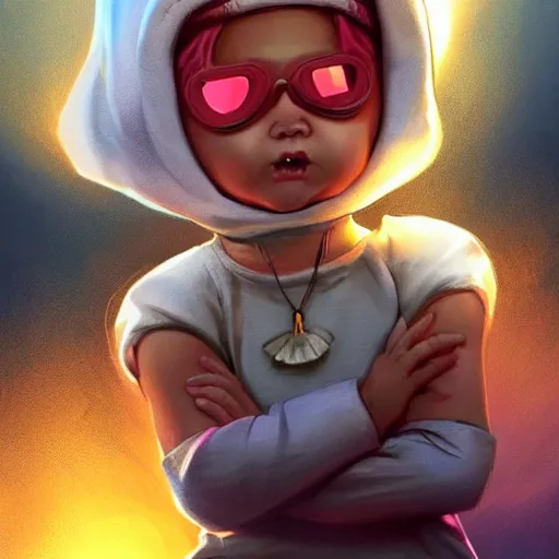 Image similar to baby Angel, baby cherub,wearing angel halo, ski mask, balaclava, face covered, wearing angel halo covered face, orange hoodie, hip hop, multiple golden necklaces, fantasy art apex fortnite Video game icon, 2d game art gta5 cover , official fanart behance hd artstation by Jesper Ejsing, by RHADS, Makoto Shinkai and Lois van baarle, ilya kuvshinov, rossdraws