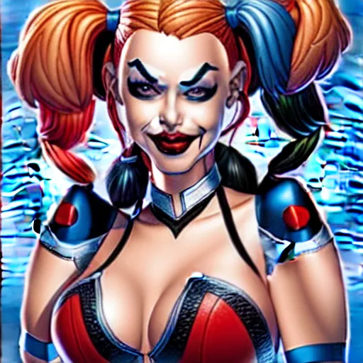 Image similar to Harley Quinn, comic portrait by J Scott Campbell, intricate details