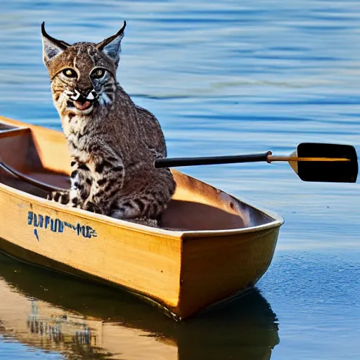 Image similar to a bobcat in a rowboat wears a baggie hat and has its hand on its hip, the boat is half full of water but the bobcat seems at ease