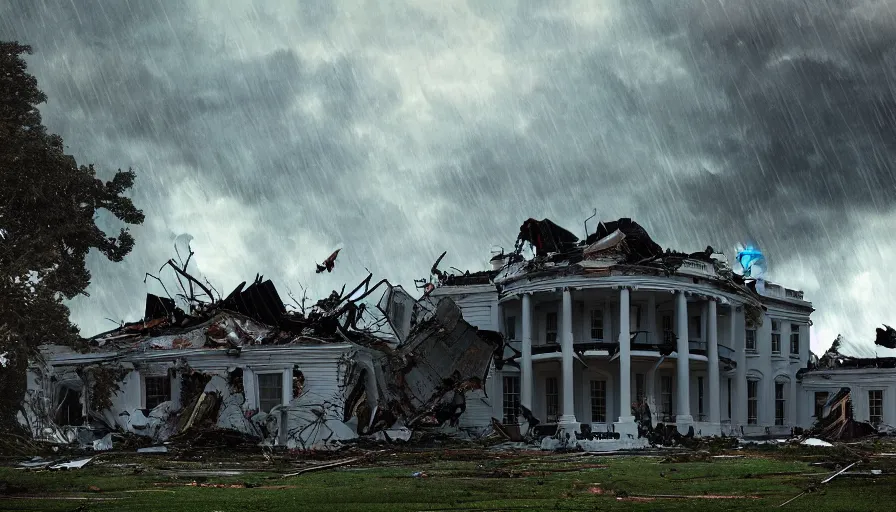 Prompt: white house destroyed by tornado, thunderstorm, rain, debris, black clouds, hyperdetailed, artstation, cgsociety, 8 k