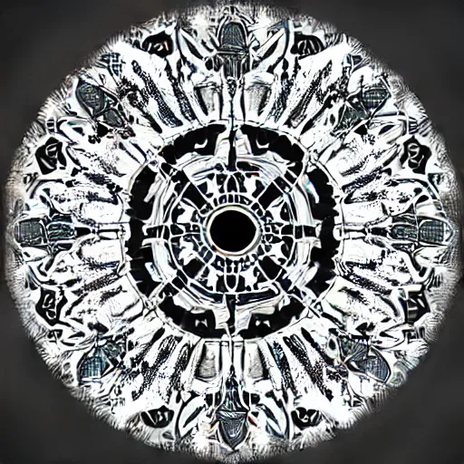 Image similar to symmetrical mandala pattern of machine guns, shotguns, rifles, revolvers, bullets, styled as a tattered paperback cover, ultra-realistic, intricate fluid details,