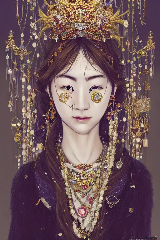 Image similar to beautiful very detailed portrait of Marin Kitagawa with lots of jewelry in the face, full body, in the background there is a minimalistic palace, digital art , dramatic cinematic lighting rendered by octane, 8k, detailed, intricate, clean and textures, trending on artstation, treanding on deviantart, trending on cgsociety, pinterest, by Lauren Brevner + FRANS SMIT