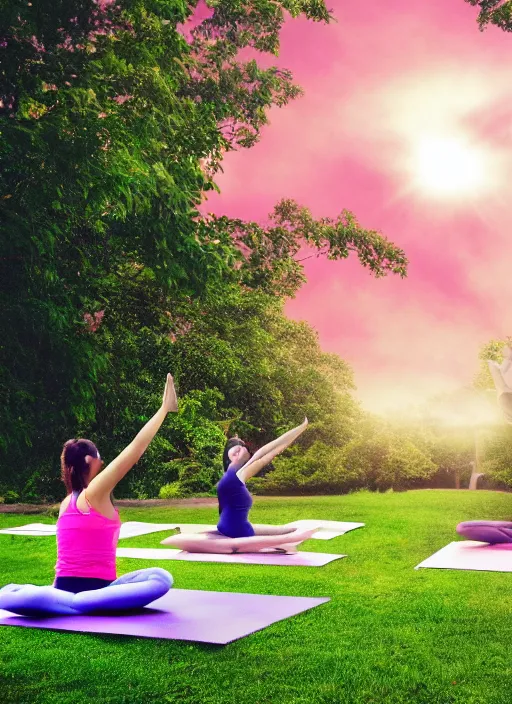 Prompt: a beautiful detailed photo of a ground of girls doing yoga, realistic, f 8, 4 k hd wallpaper