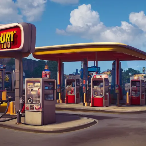 Image similar to disney - gas - station, mickey - mouse - ears - shape - everywhere, daylight, high - detail, photorealistic, octane - render, artstation, 4 k,