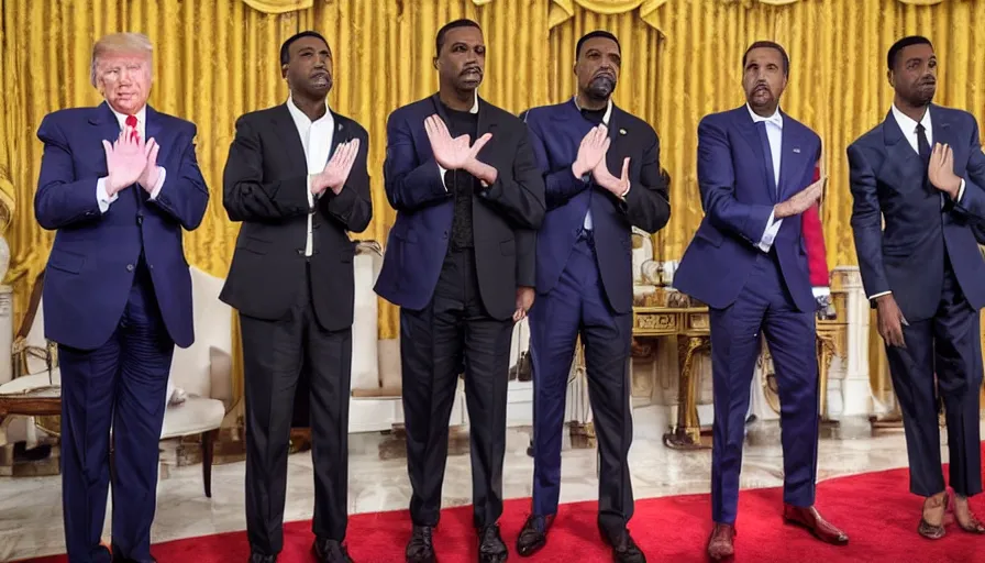 Image similar to hyperrealistic photograph of joe biden, donald trump, will smith, chris rock, kanye west, and pete davidson pledging allegiance, photorealism,