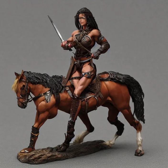 Image similar to 80mm resin detailed miniature of a Muscular Woman warrior with a Horse, Product Introduction Photos, 4K, Full body, simple background