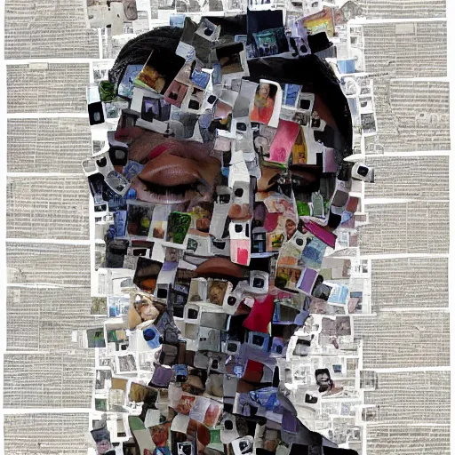 Prompt: a head-shaped chaotic collage made out of fragments of printed images taken from the internet, fashion magazines, and family photographs all coming together to form a hybrid face shape with twisted features in the Dadaesque style, mixed media